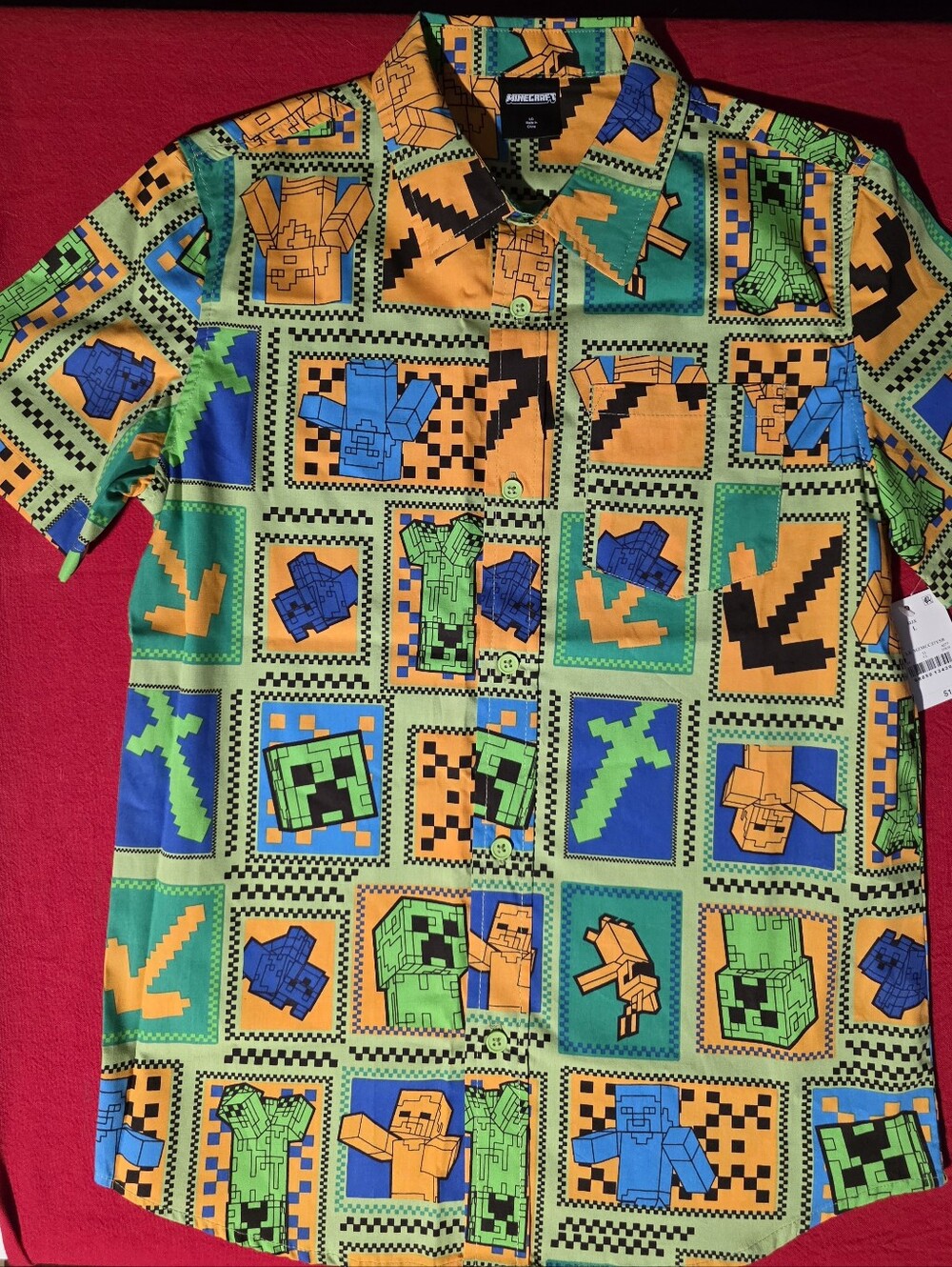 Minecraft Kids Button-Down Graphic Shirt - Green/Orange/Blue